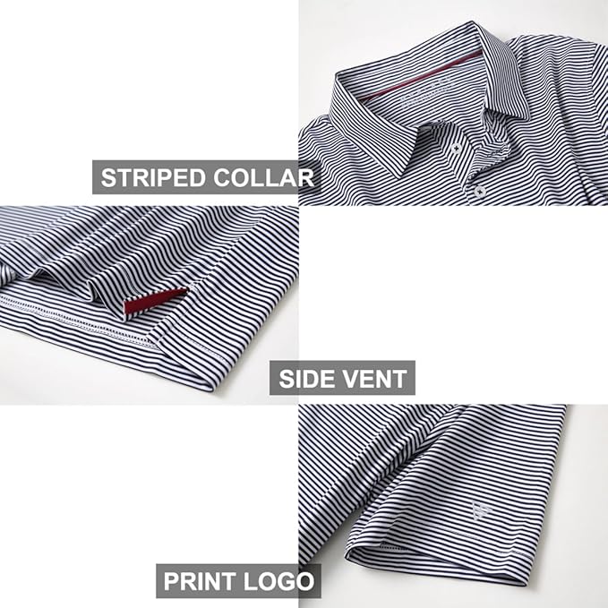 Men's Striped Performance Golf Polo Shirt Moisture Wicking Dry Fit
