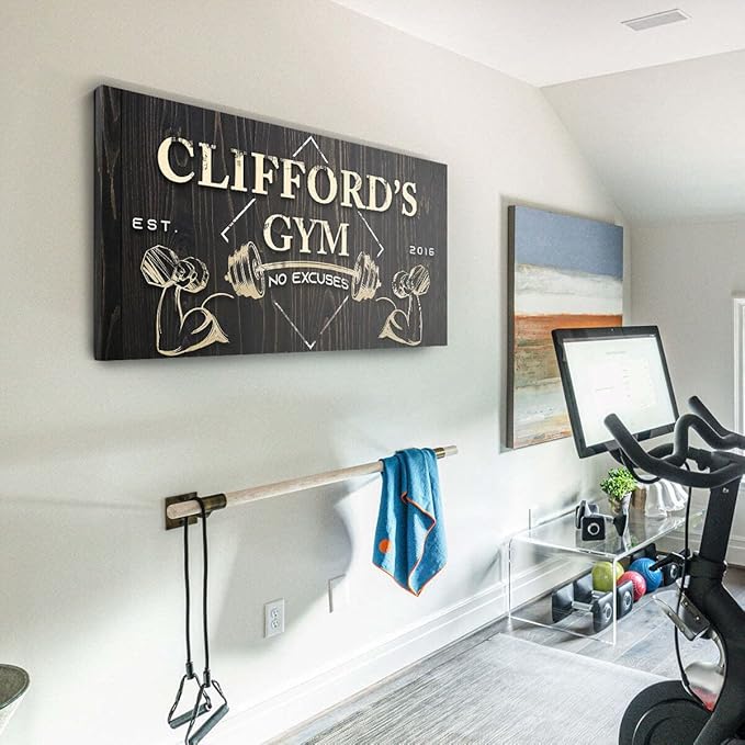 Tailored Canvases Personalized Gym Sign Wall Art Decor - Motivational Canvas for Home Gym, Workout Room, Garage, Fitness Center - Workout Inspirational Posters - Gym Name on Wooden Background, 48x16in