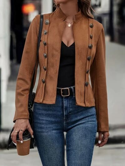 Women wearing a smart-casual military-inspired open front long sleeve jacket in solid color