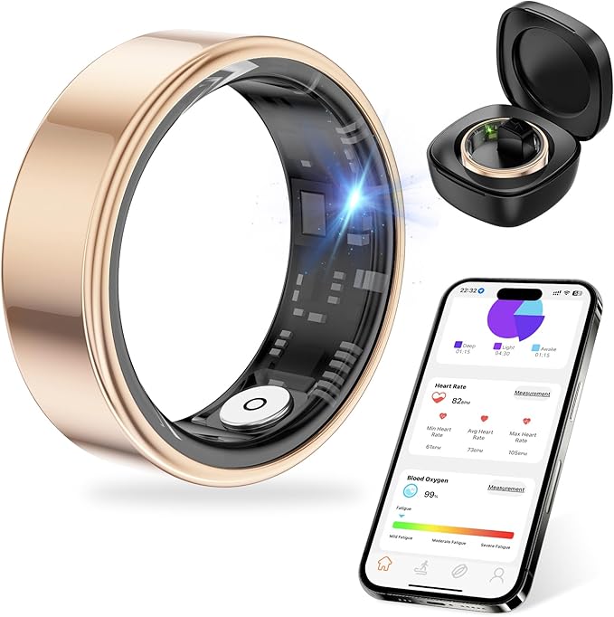 Thin Smart Ring for Fitness & Health Tracking -Heart Rate/Blood Oxygen Monitor, 5ATM Waterproof, Sleep Analysis, Pedometer -No APP Subscription Compatible with Smartphone (Rose Gold, 12)