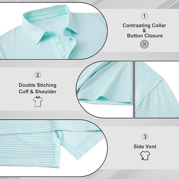 Men's Performance Striped Golf Polo Moisture Wicking Sport Shirt