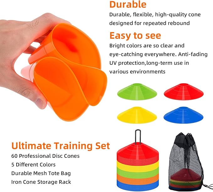 60/120 Pack Agile Soccer Cones with Portable Bags & Brackets,Sports Cones,Cone Sport,Agile Soccer Cones Used for Football Training…