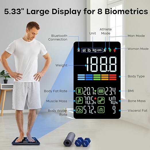 GE Smart Scale for Body Fat: Weight Scales with BMI Muscle Mass Button Function 500lbs Digital Bathroom Weight Machine Body Composition Monitor 11.8" Platform Accurate Weighing Health Analyzer
