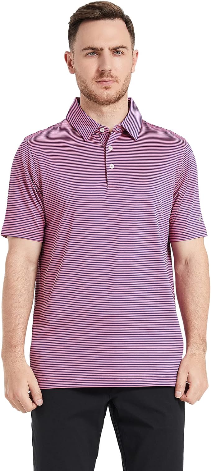 Men's Striped Performance Golf Polo Shirt Moisture Wicking Dry Fit