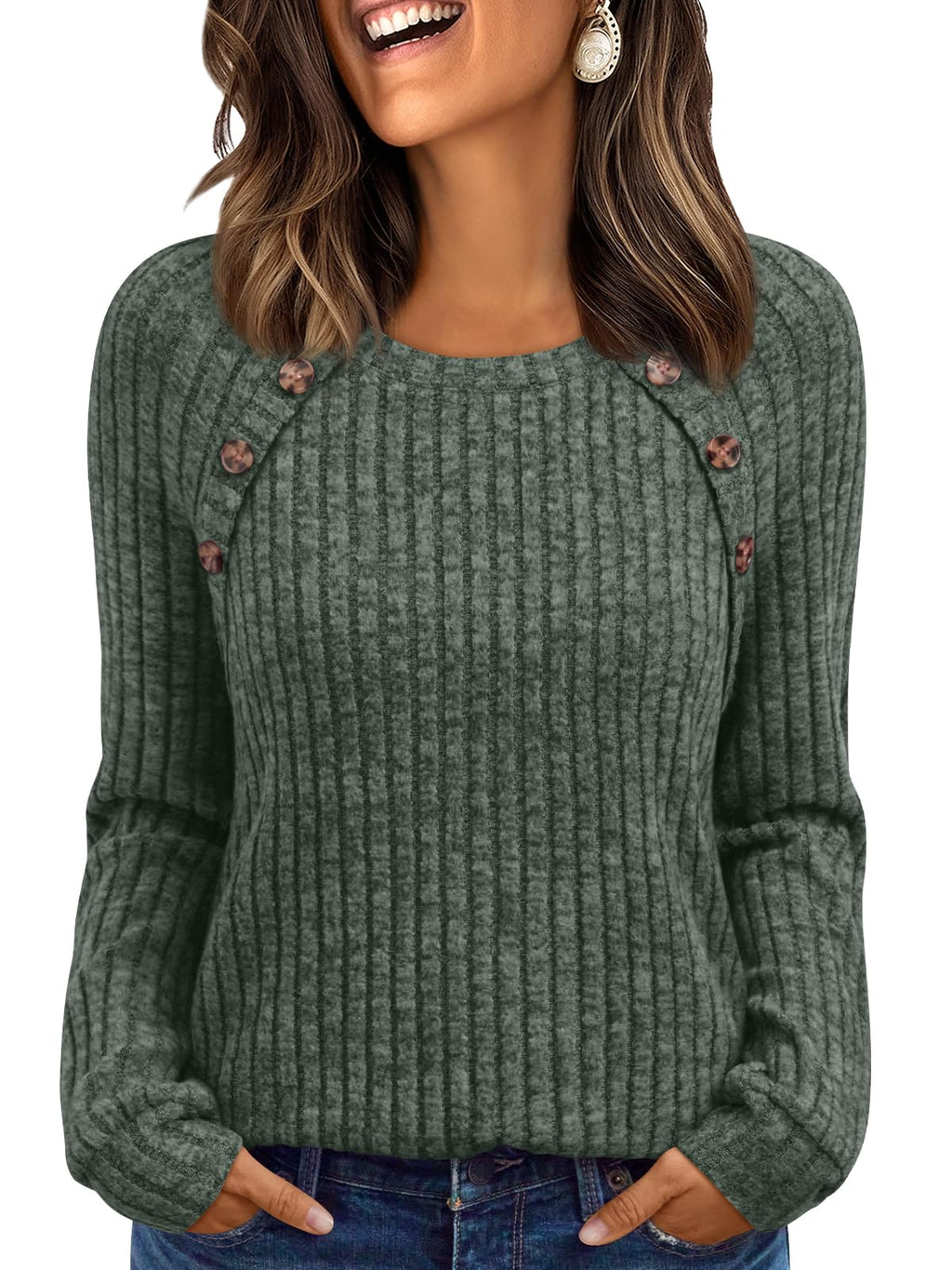 Women's Long Sleeve Tops - Fall Lightweight Sweaters with Shoulder Buttons