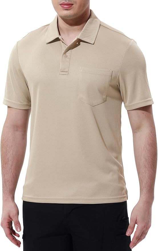 Men's Solid Golf Polo Shirt with Chest Pocket Quick Dry Sport