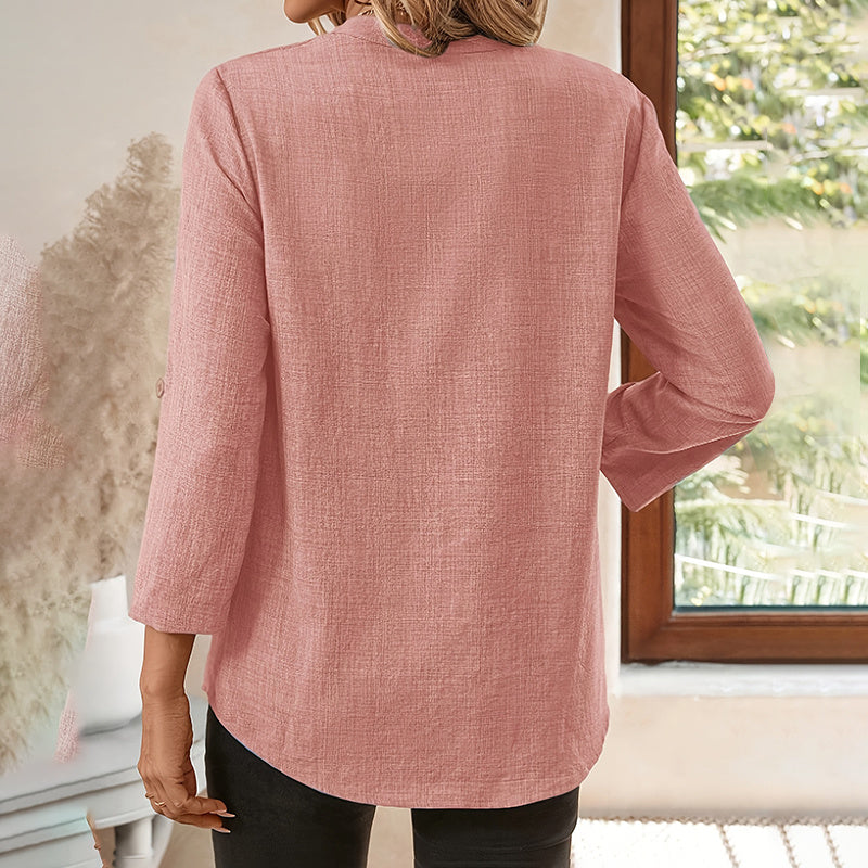 Womens Casual Notch V-Neck Tunic Blouse with Roll-Up Sleeves - Image 5