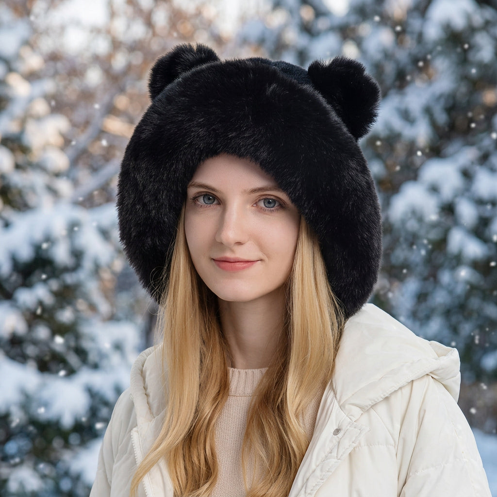 Triple Pom-Pom Fleece Knit Hat with Ear Straps