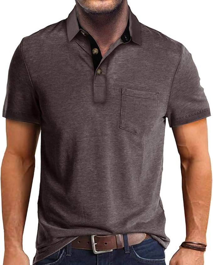 A stylish men's short sleeve cotton polo shirt with a classic lapel collar and button detailing in a solid color.