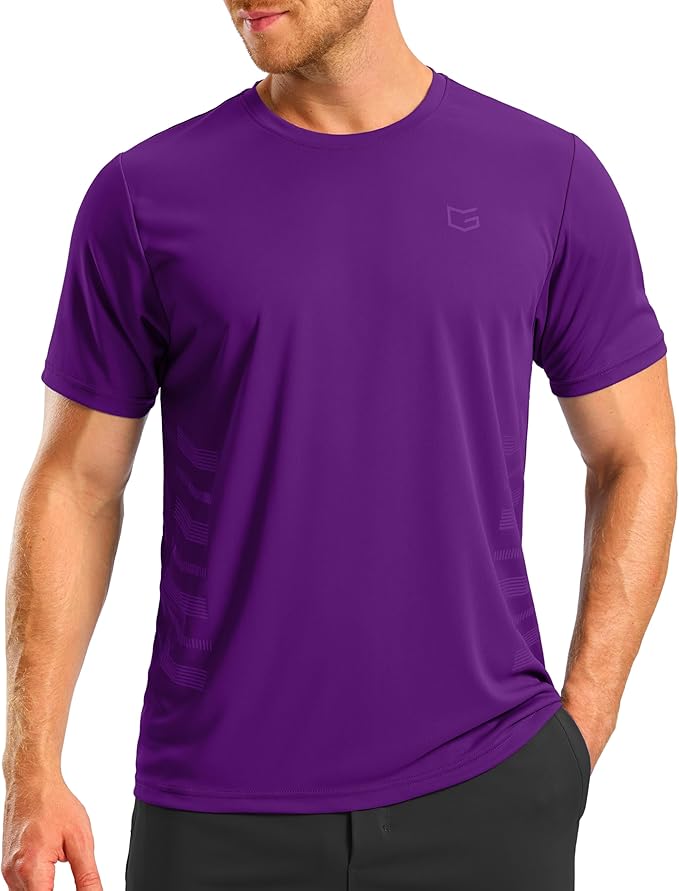 Men wearing a lightweight moisture-wicking short sleeve athletic shirt during a workout.