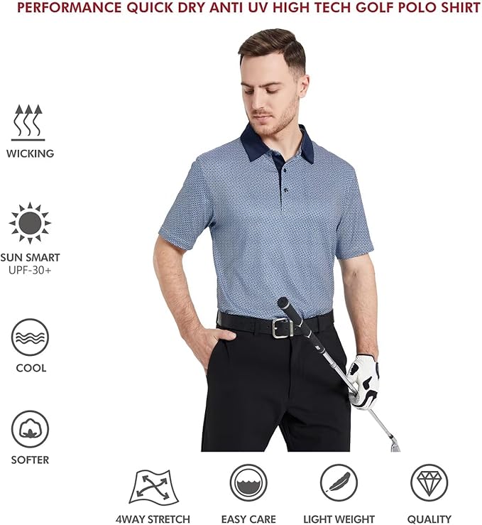 Men's Striped Performance Golf Polo Short Sleeve Moisture Wicking