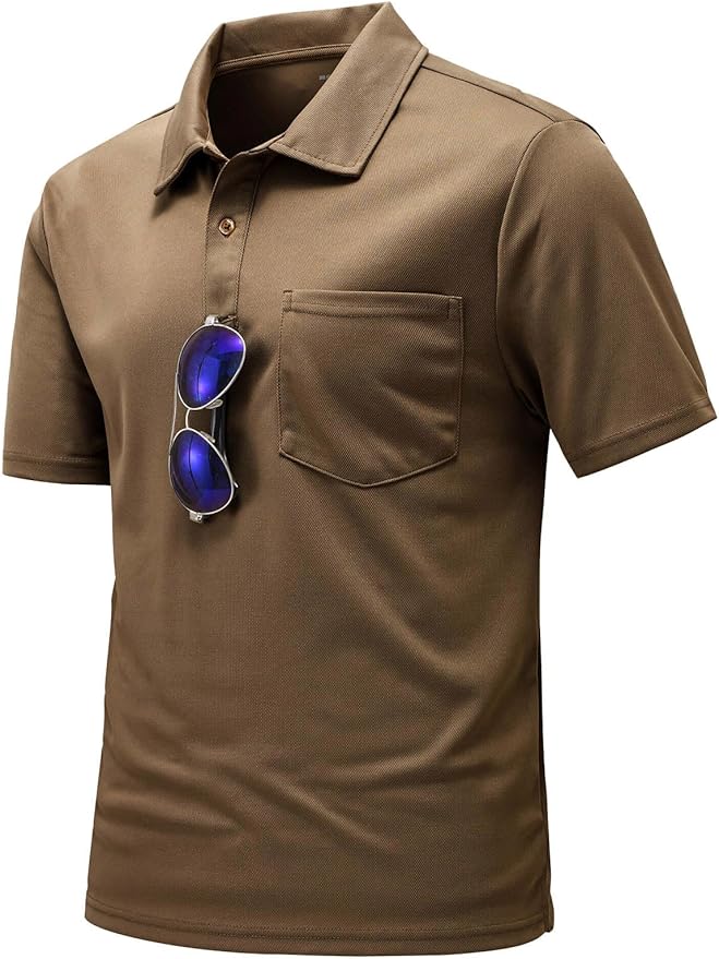 Men's short sleeve quick dry polo shirt with chest pocket and 2-button placket in a classic athletic style.
