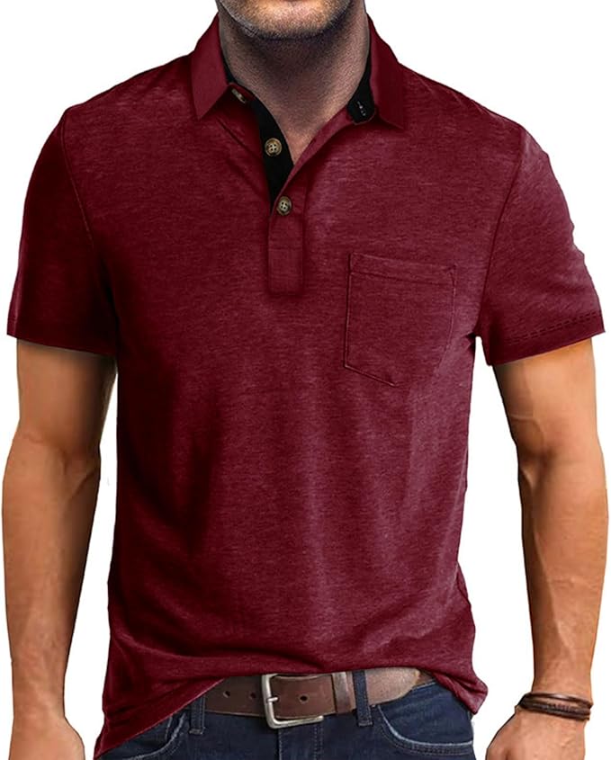 Men's solid color classic short sleeve cotton polo shirt with button placket