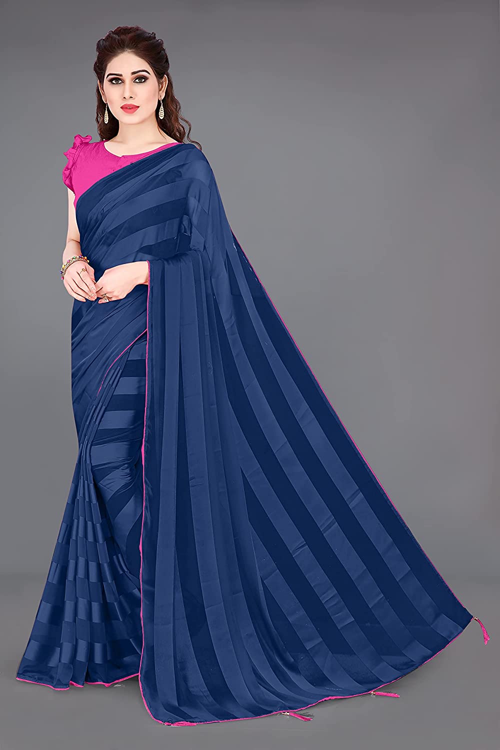 Women's Georgette Saree with Satin Stripes and Contrast Border