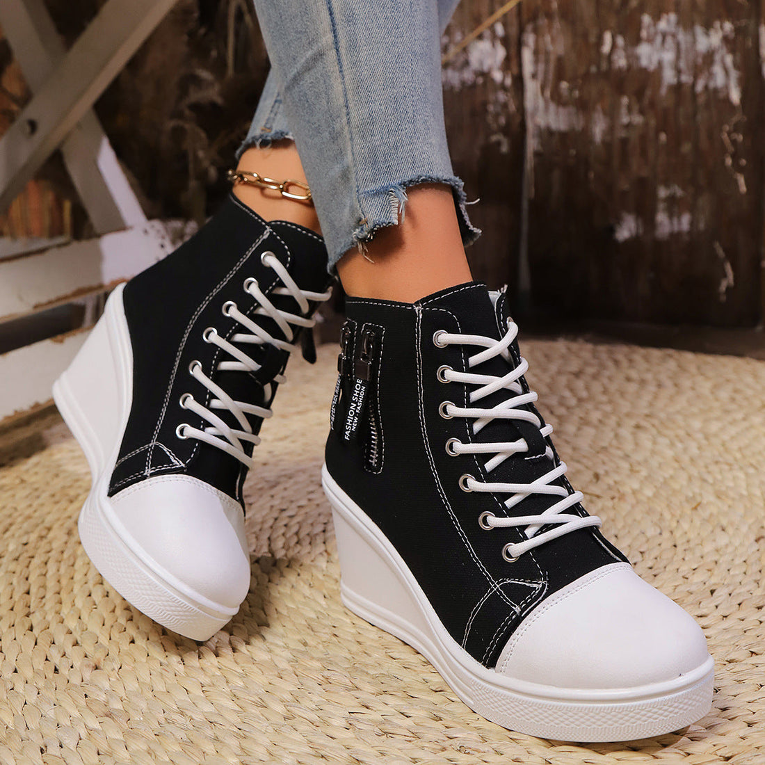 Women's Canvas Wedge Platform Lace-Up Sneakers Urban Style