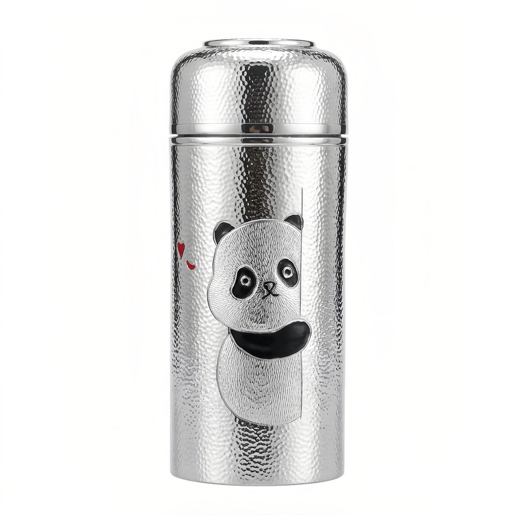 925 Sterling Silver Artistic Hammered Silver Vacuum Flask Featuring a Cute Peeking Panda Design - Handicraft
