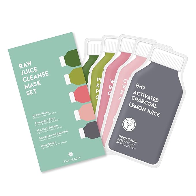 ESW Beauty Raw Juice Face Masks - 5-Pack Variety Set - Hydrating, Anti-Aging, Moisture Repair, Pore Control, Soothing & Revitalizing with Watermelon, Kale & Charcoal