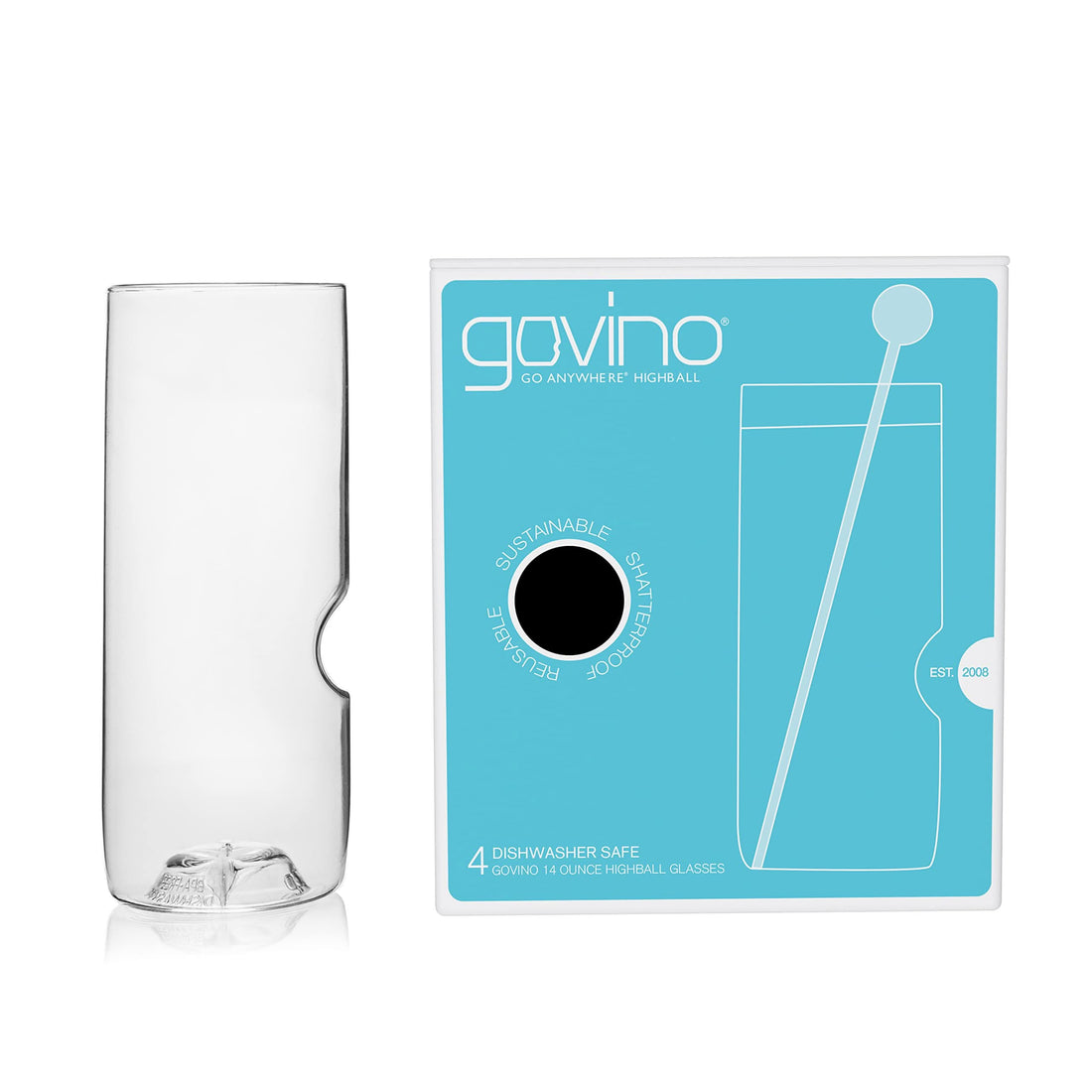 Set of four 14oz Govino shatterproof highball glasses on a table