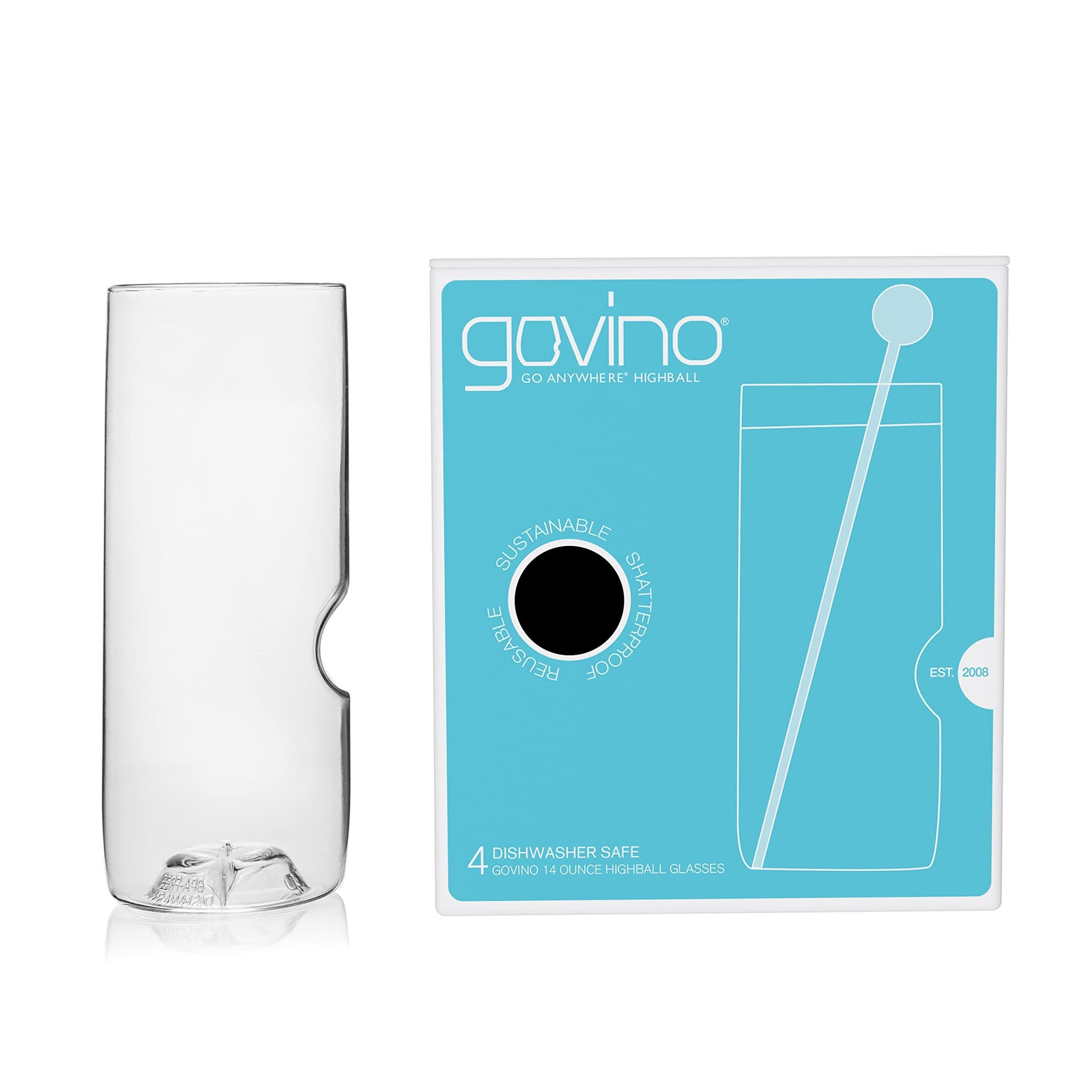 Set of four 14oz Govino shatterproof highball glasses on a table