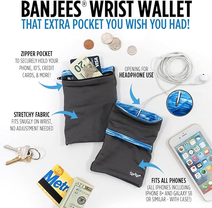 Sprigs Banjees 2 Pocket Wrist Wallet/Wrist Band/Wrist Pocket for Travel, Walking, & Running. Wallet Pouch That Holds Cash, Card, ID's, and More