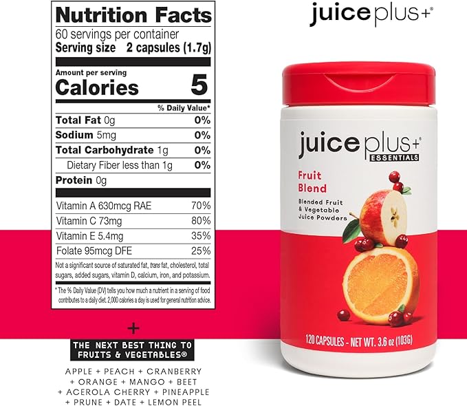JuicePlus+ Fruit and Vegetable Blend: for Solid Nutritional Foundation - Boost Family's Health with 20 Fruits & Veggies Plus Plant Nutrients - Prepacked 2 Bottles (60 Servings of Fruit, 60 of Veg)