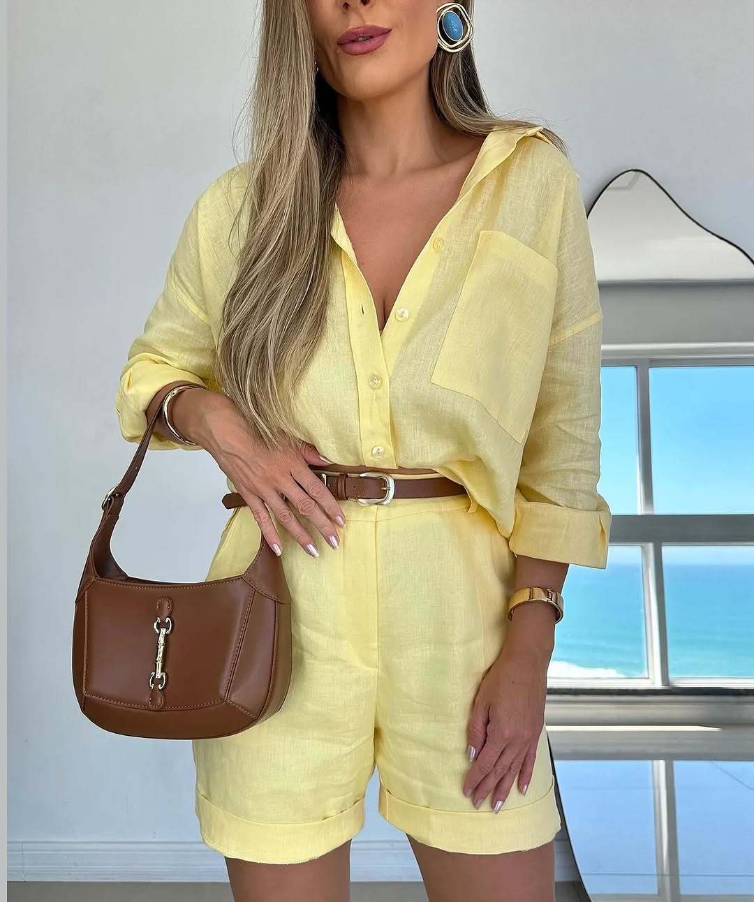 Women's Long-Sleeve Button-Down Shirt and Shorts Set