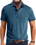 A stylish men's short sleeve cotton polo shirt with a classic lapel collar and button detailing in a solid color.
