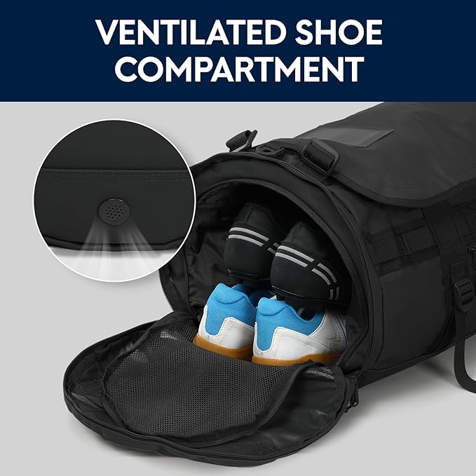 Haimont Large Duffle Backpack Bag for Men, Long Travel Duffel with Backpack Straps, Heavy Duty Back Packs with Shoes Compartment, Water-resistant, 90L, Black