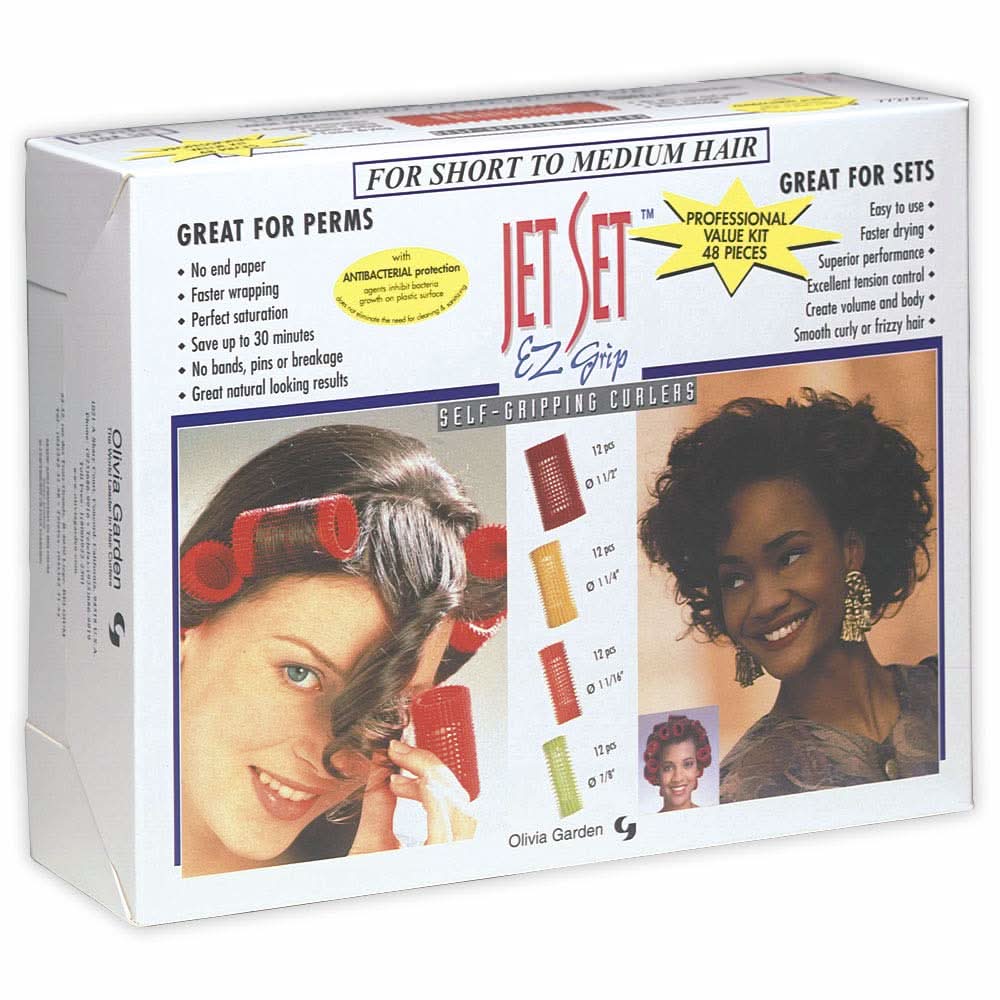 Olivia Garden Jet Set self-gripping curler kit in assorted colors with 48 pieces for short to medium hair.