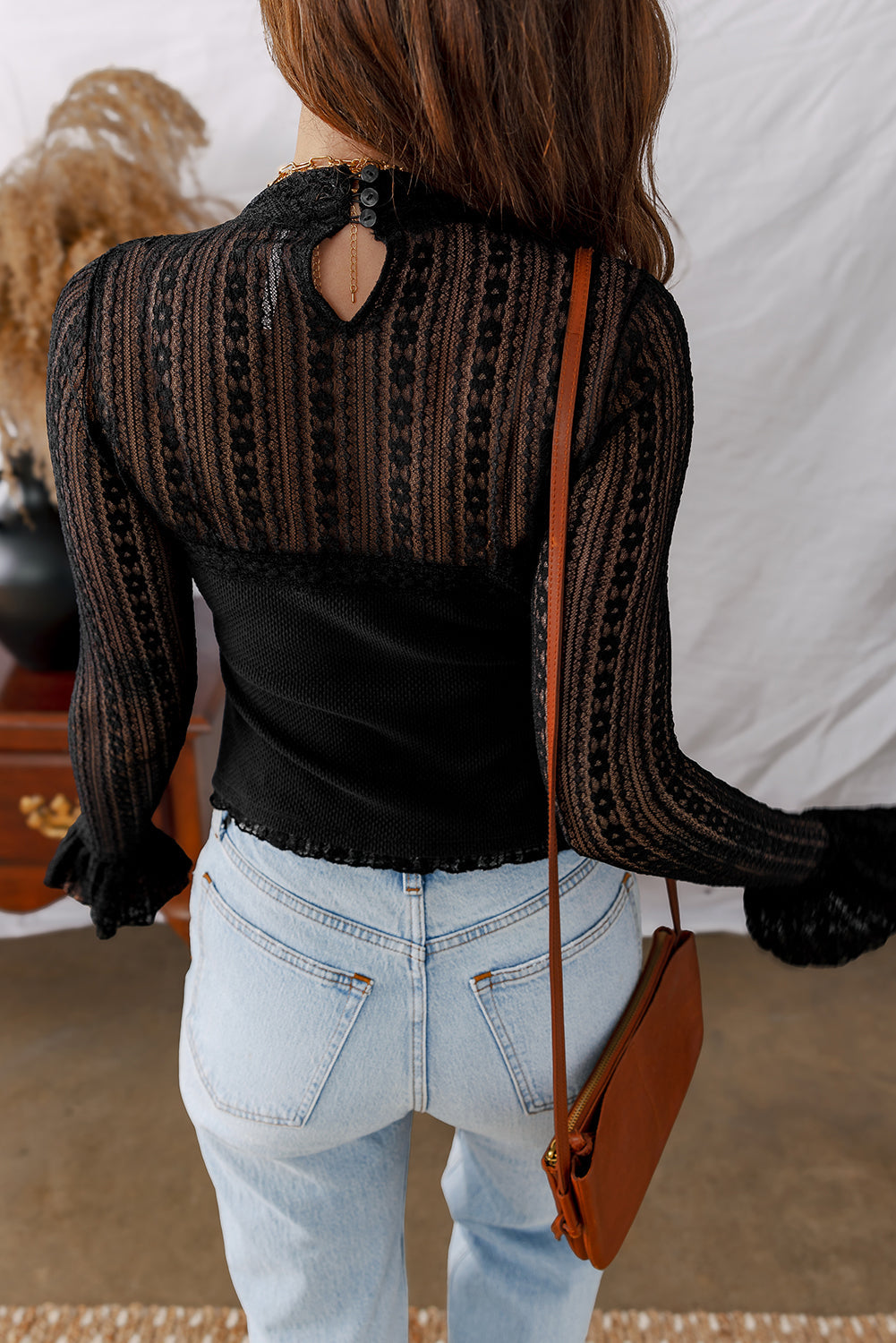 Lace Patchwork Flounce Sleeve Top