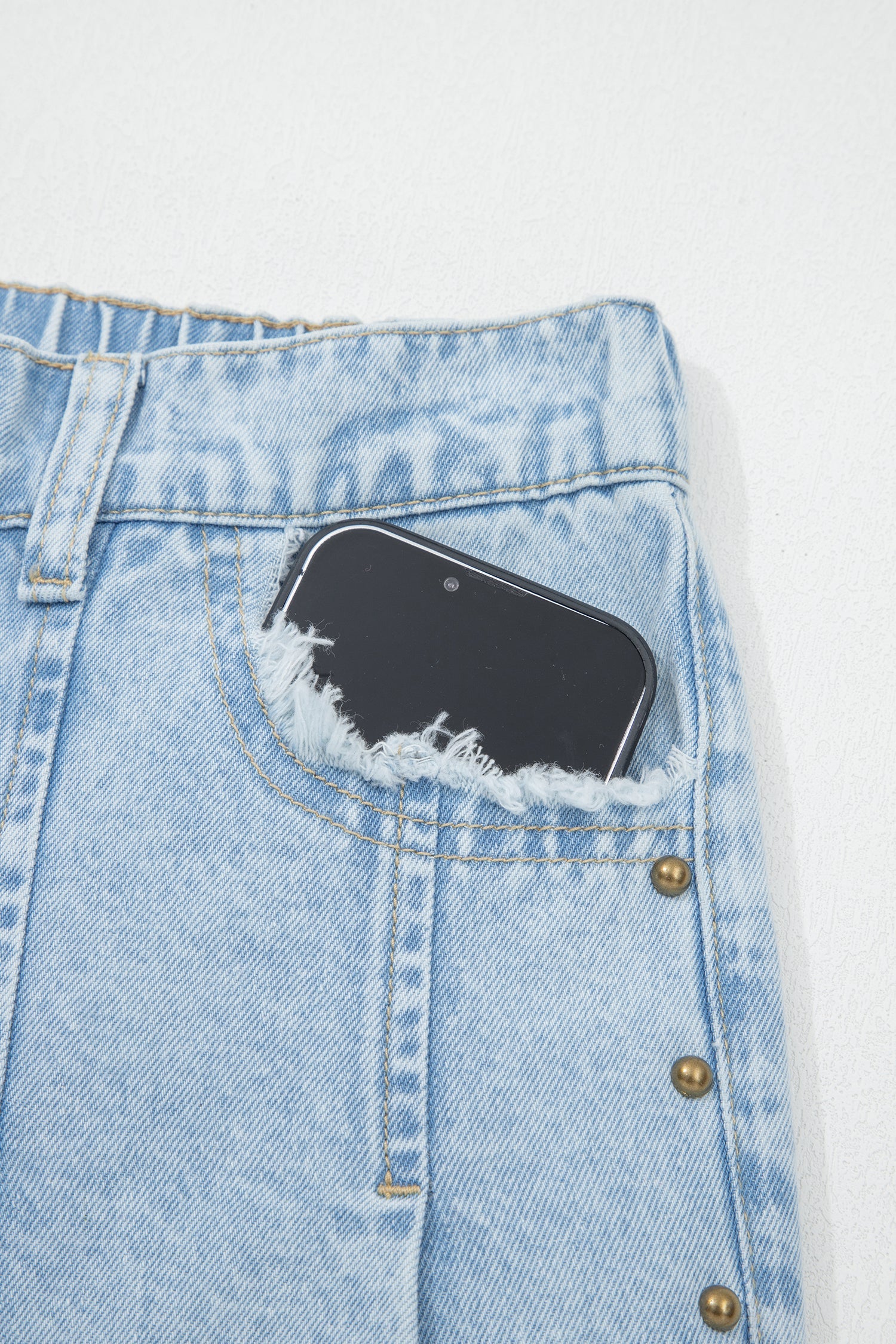 Beau Blue Studded Wide Leg Jeans with Side Slit & Frayed Hem