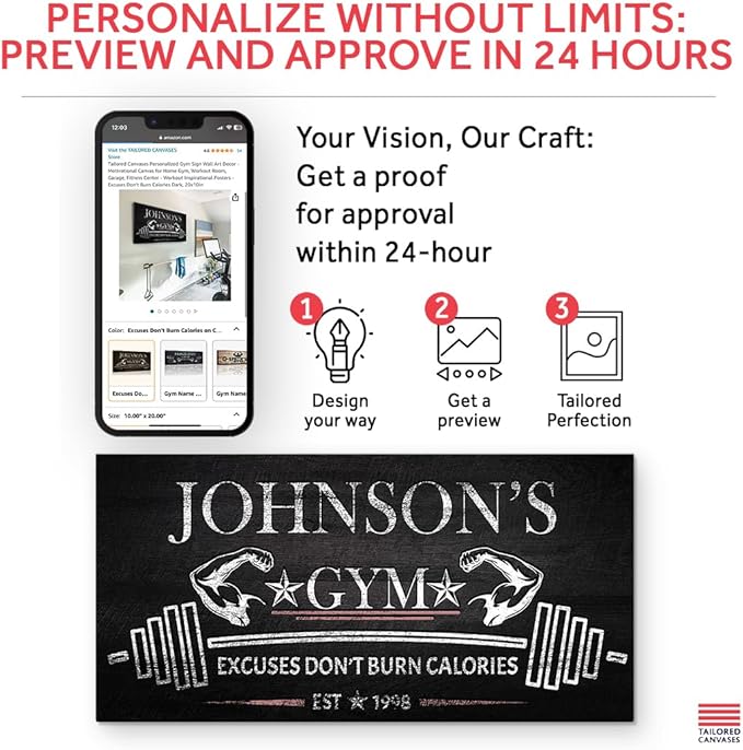 Tailored Canvases Personalized Gym Sign Wall Art Decor - Motivational Canvas for Home Gym, Workout Room, Garage, Fitness Center - Workout Inspirational Posters - Excuses Don't Burn Calories Dark, 60x30in