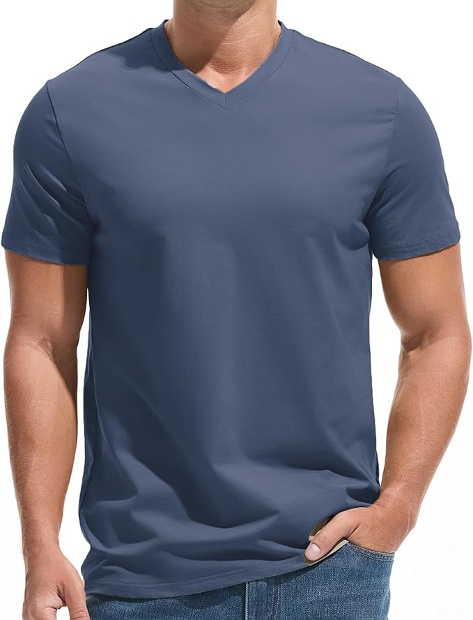 A man wearing a premium fitted modern V-neck t-shirt in a neutral color, showcasing the form-fitting cut.