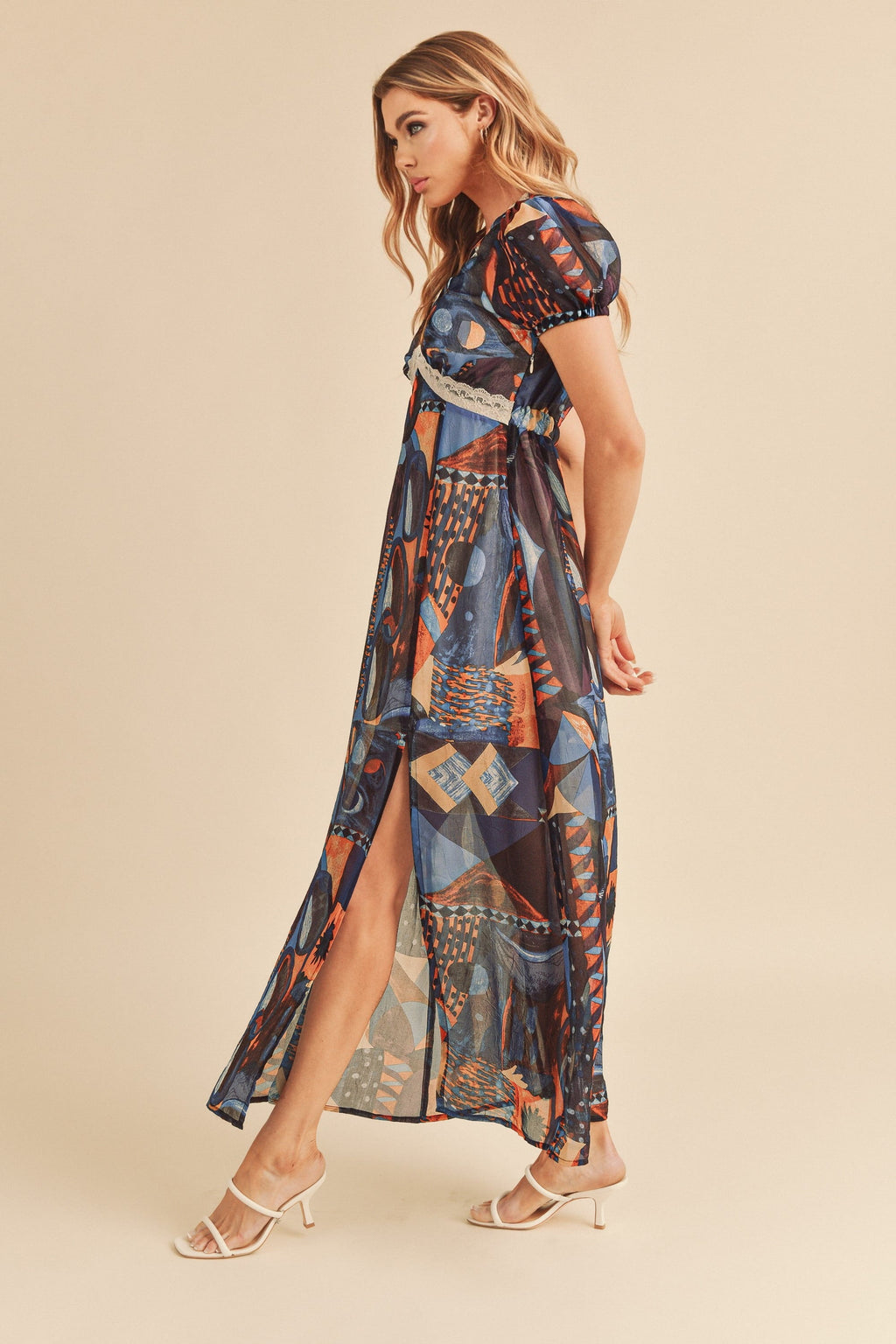 Geometric Print Maxi Dress with Lace Detail and Slit