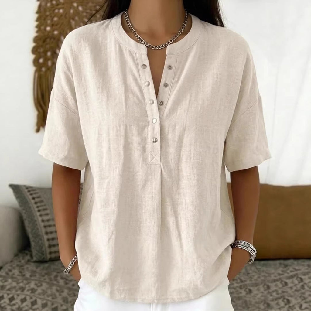 Women's Loose-Fit Short-Sleeve Henley Pullover Top - Image 5