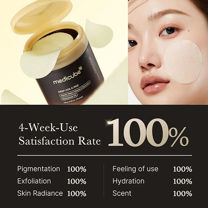 Medicube Deep Vita C Facial Pads, Vitamin C Toner Pads for Uneven Skin Tone, 500,000PPM of vitamin water & 3 types of vitamin, Hydrating & Resurfacing (70 sheets)