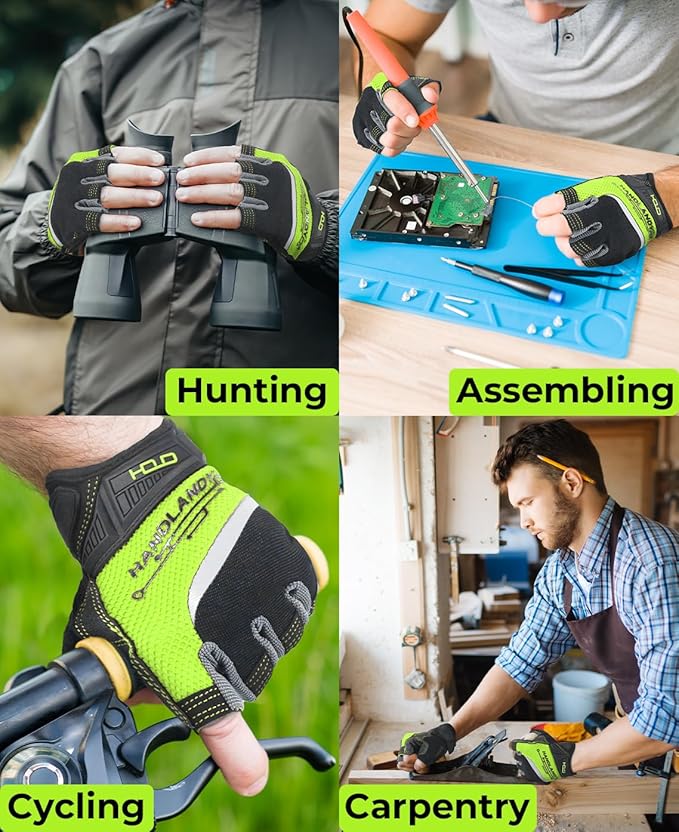 HANDLANDY Fingerless Work Gloves for Men Utility Padded Half Finger Driving Working Gloves (Medium, Green)