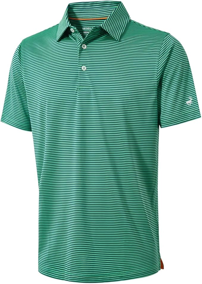 Men's green and black striped performance polo with stag icon on left sleeve
