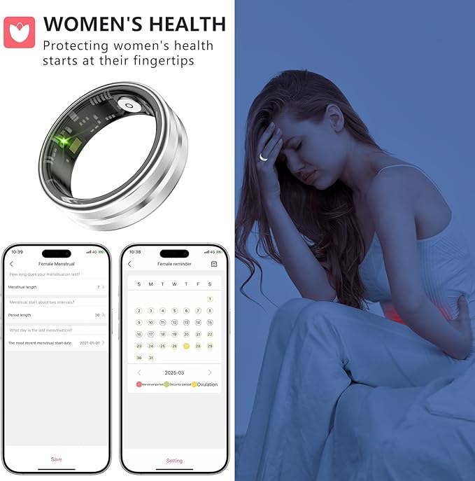 Thin Smart Ring for Fitness & Health Tracking -Heart Rate/Blood Oxygen Monitor, 5ATM Waterproof, Sleep Analysis, Pedometer -No APP Subscription Compatible with Smartphone (Silver, 8)