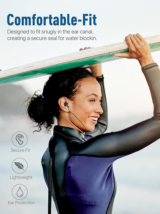 Hearprotek Swimmer Ear Plugs, 1 Pair Custom-fit Water Protection Adult Swimming Earplugs for Swimmers Surfer, Universal-fit with Lanyard, Perfect for Swimming,Surfing, Other Water Activities Black