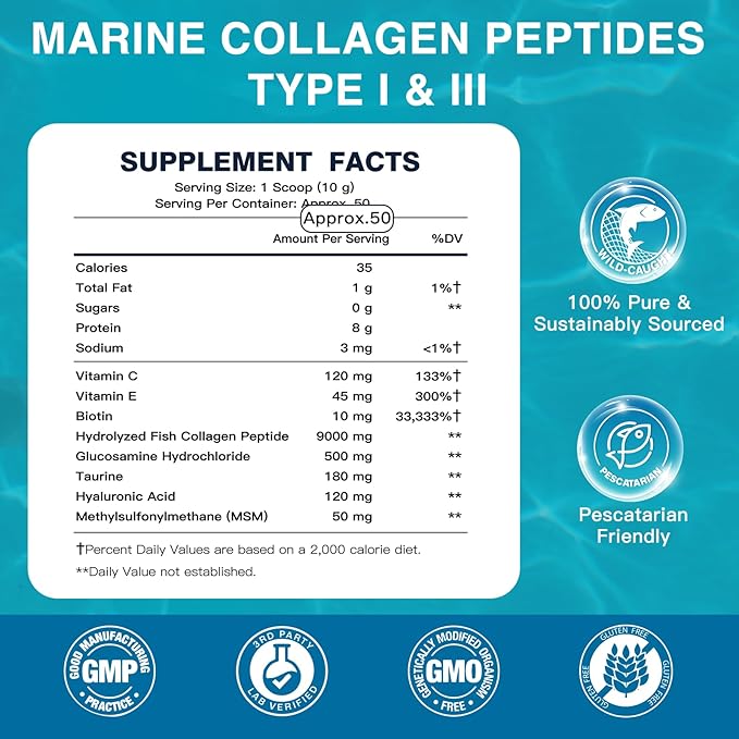 DRFOSTER Marine Collagen Peptides Powder with MSM + GC, Multi Type I & III Collagen with Hyaluronic Acid, Vitamin C & E for Skin, Hair & Nails, Wild-Caught Fish, 50 Servings