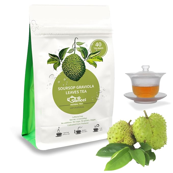 Samcci - Soursop Leaves Tea Bags, 40Teabags, 1.5g/bag, 100% Pure Sour Sop Graviola leaves Tea - Hojas De Guanabana Tea - Improve Digestion - Promotes Skin Health - Non-GMO - Caffeine-Free