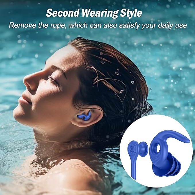 Swimming Ear Plugs for Adults, 4 Pairs Waterproof Reusable Silicone Swim Earplugs with Removable Cord, Perfect for Swimming, Showering, Surfing and Other Water Sports - Two Wearing Styles
