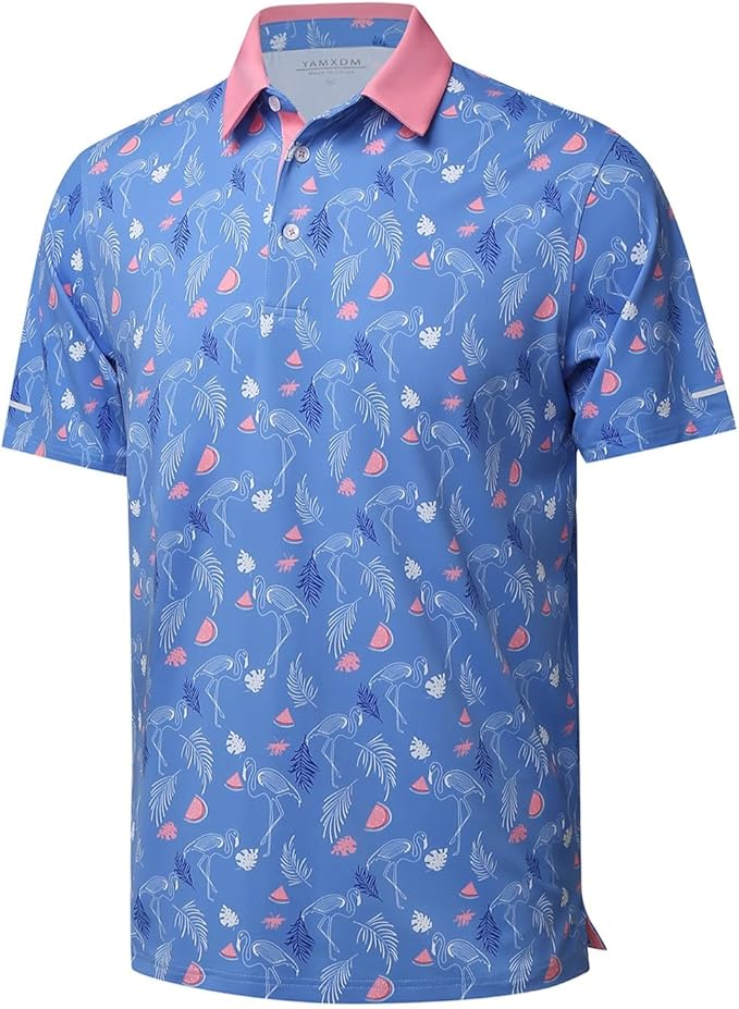 Men's tropical blue golf polo shirt with flamingo and botanical print, short sleeves, and buttoned collar.