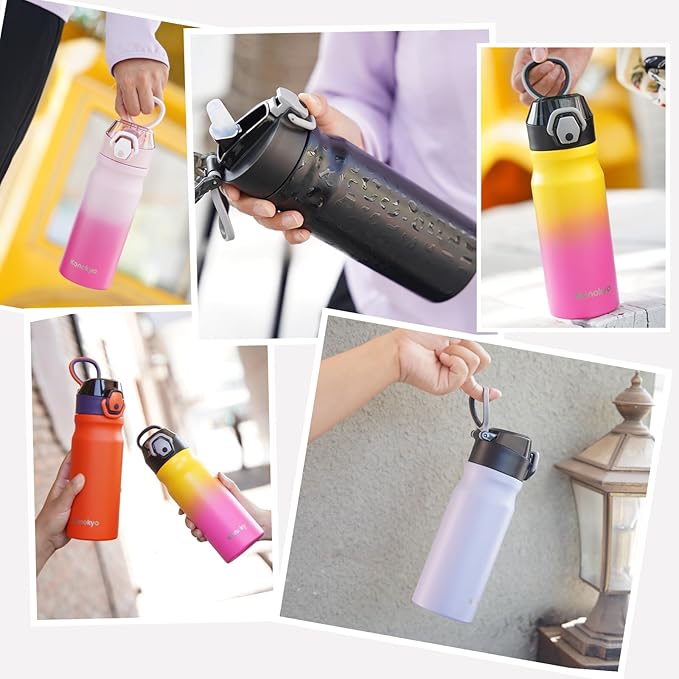 Insulated Water Bottle with Straw and Carry Loop,18 oz Stainless Steel Double Wall Vaccum Metal Water Flask with Leak-proof Lid,Black