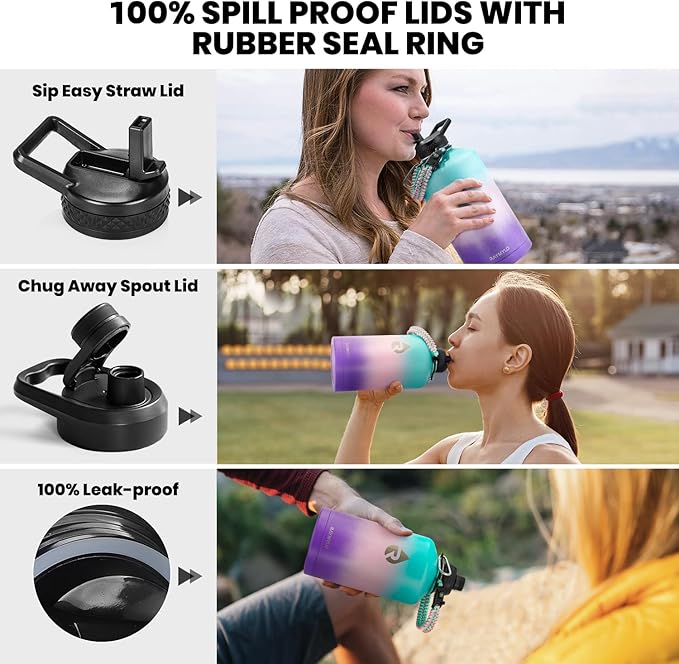 One Gallon Water Bottle Insulated, Triple Walled Vacuum Stainless Steel (Cold for 48 Hrs), Leak Proof & Non-BPA, Large Water Flask Jug with Paracord Handle & Straw Spout Lids
