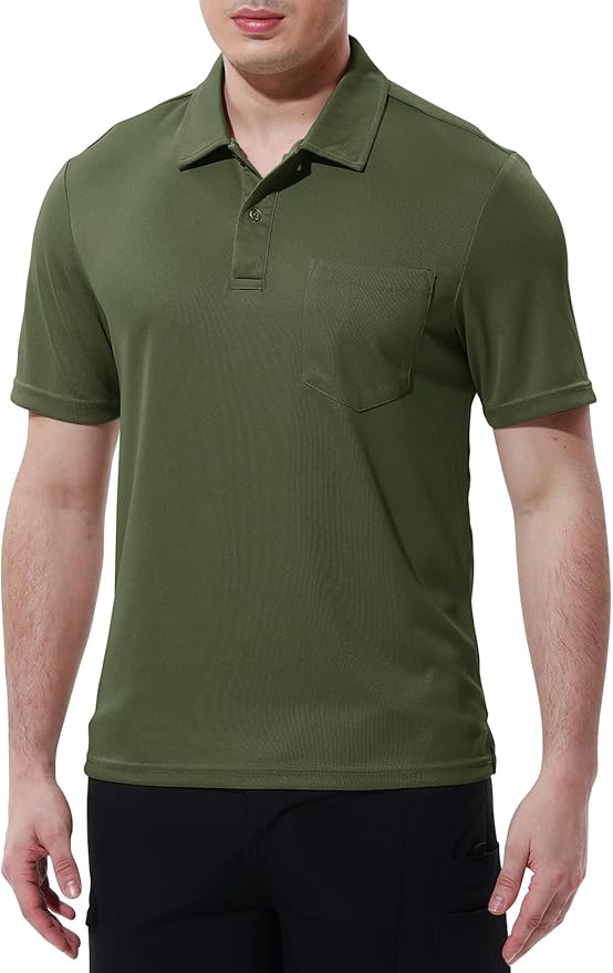Men's Short Sleeve Quick Dry Polo Shirt with Chest Pocket for Golf