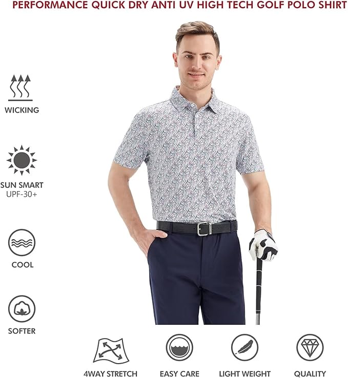 Men's Performance Striped Golf Polo Short Sleeve Moisture Wicking