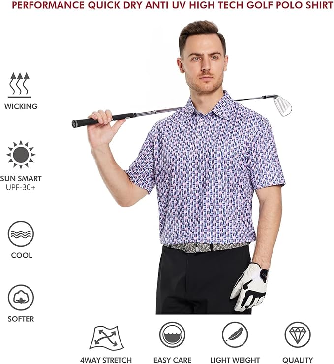 Men's Striped Performance Golf Polo Shirt Moisture Wicking Dry Fit