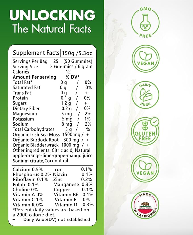 Sea Moss Gummies - Irish sea Moss raw Organic, Bladderwrack, Burdock Root. Contains Sea Moss Gel and Powder. Superfoods for Vegan, Keto and Dr Sebi Diet. Immune Boosting (2 Packs)